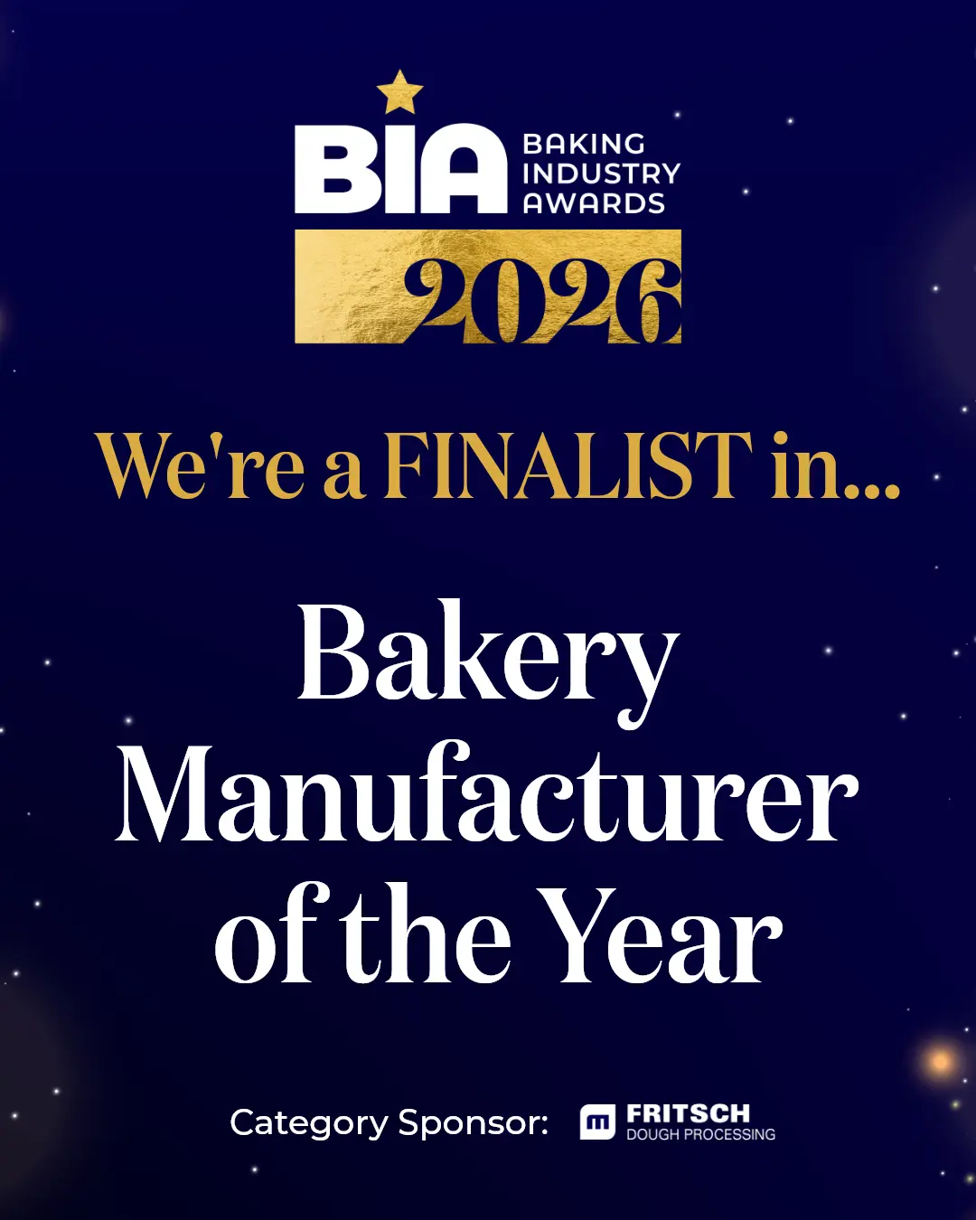 Baking Industry Awards 2026 graphic that reads We're a finalist in bakery manufacturer of the year
