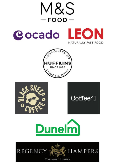 Food logos. M&S food, ocado, leon, huffkins, black sheep coffee, coffee #1, dunelm, regency hampers