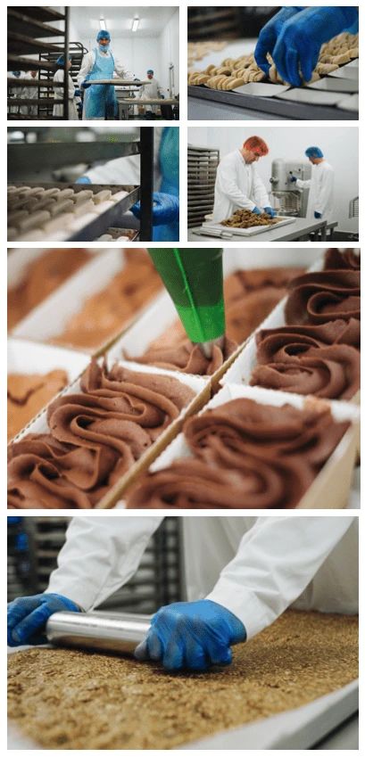 Collection of images of a bakery manufacturing process