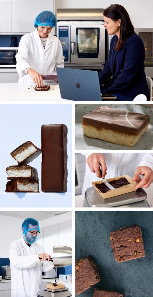 Collection of photos showing bakers making and tasting products, and photos of the baked goods